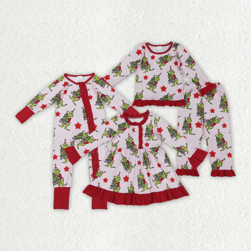 9.23 RTS Sibling Baby Girls Christmas Green Face Stars Pajamas Set Zipper Footie Romper Knee Length Dresses