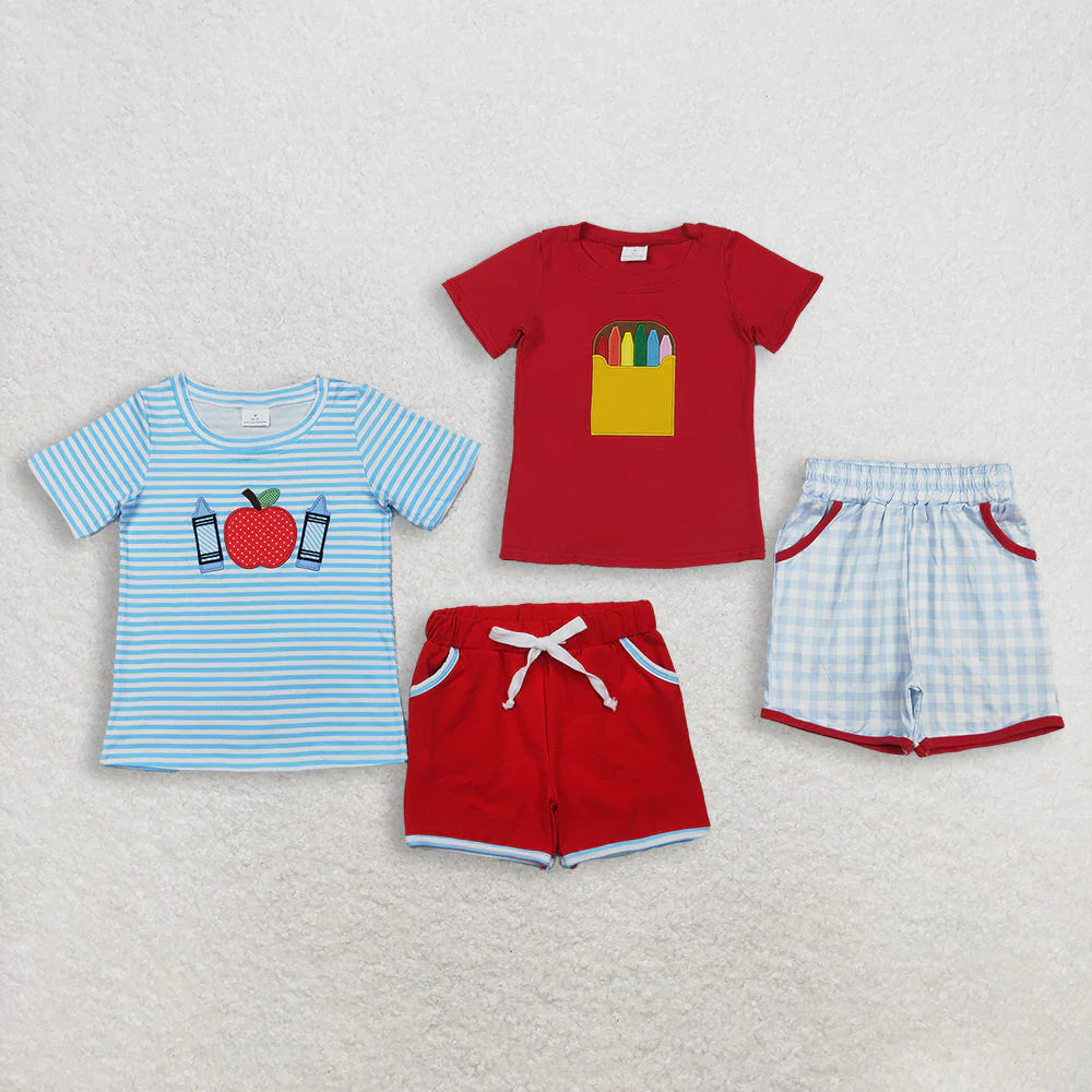 3.18 RTS Sibling Baby Boys Embroidery Apple Pencils Top Pockets Short Back to School Clothes Sets