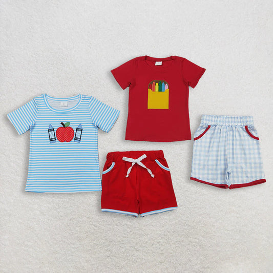 3.18 RTS Sibling Baby Boys Embroidery Apple Pencils Top Pockets Short Back to School Clothes Sets