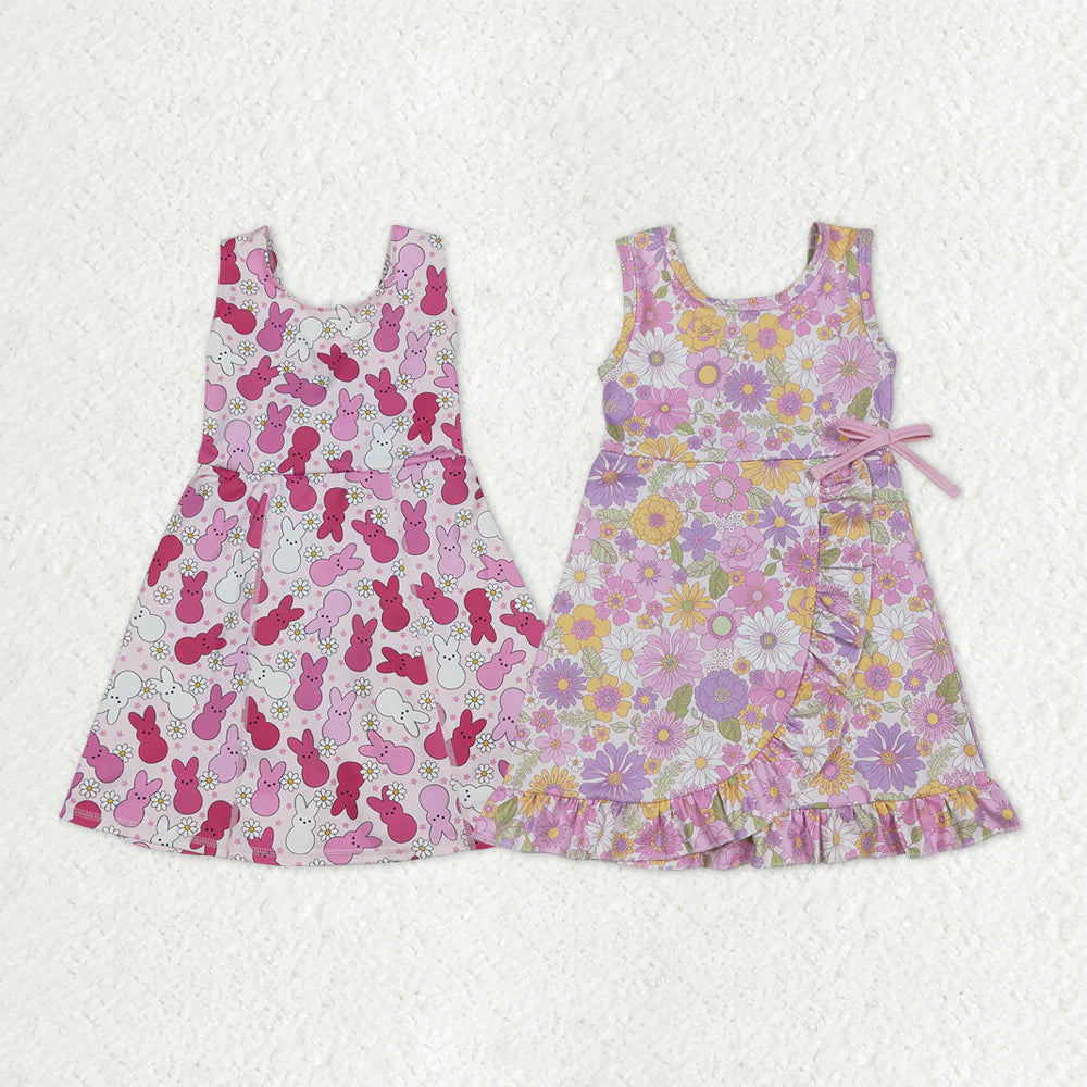 12.20 RST Sibling Baby Girls Sleeveless Rabbits Flowers Yoga Active Shorts Ruffle Knee Length Dresses