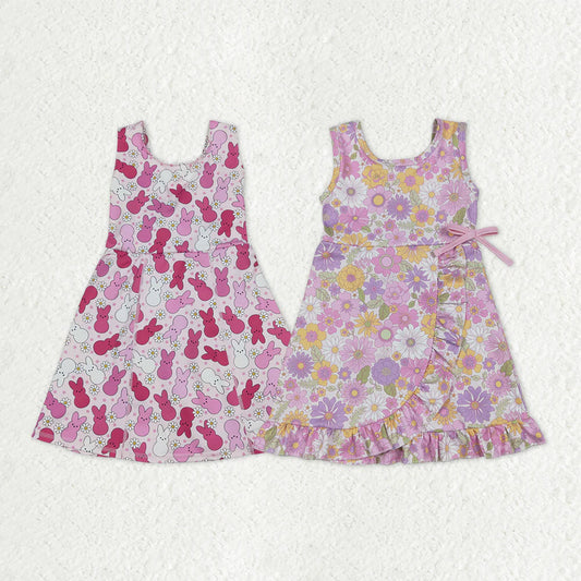12.20 RST Sibling Baby Girls Sleeveless Rabbits Flowers Yoga Active Shorts Ruffle Knee Length Dresses
