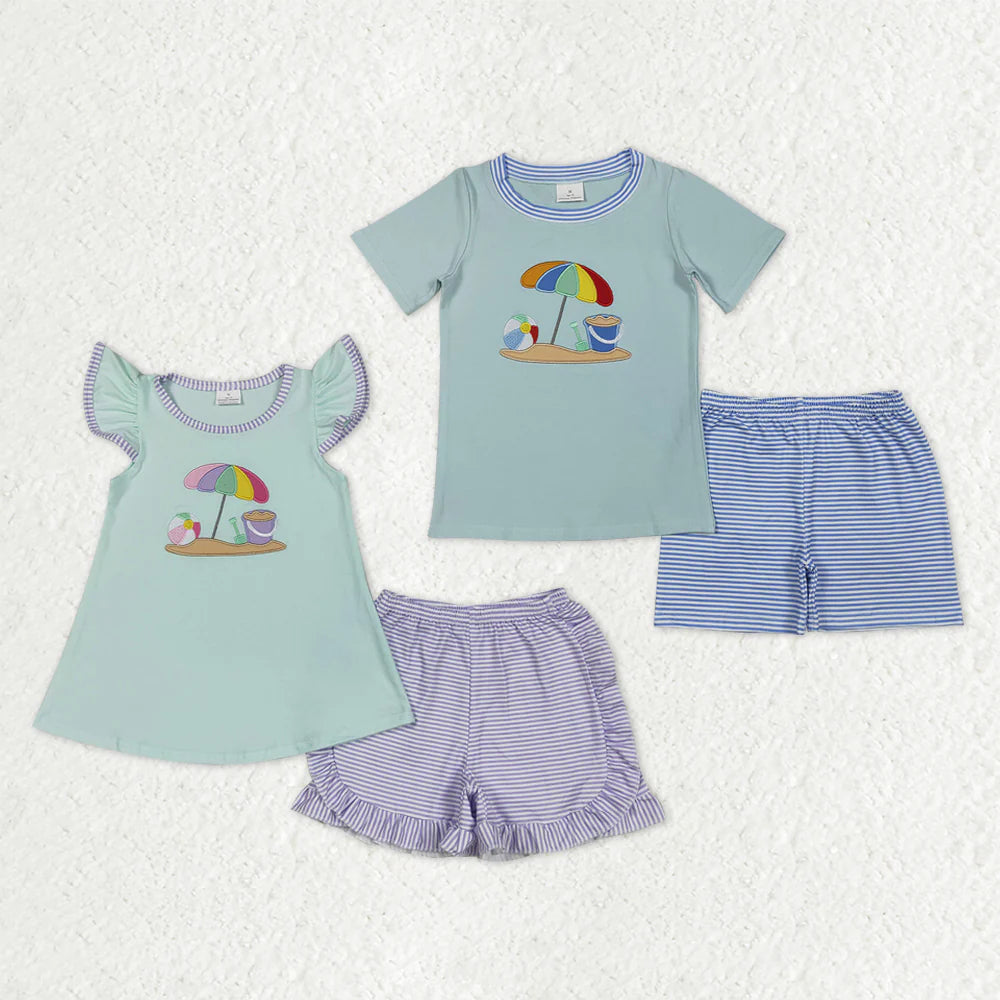 1.7 RTS Sibling Baby Boys Girls Embroidery Beach Top Stripe Shorts Clothes Sets