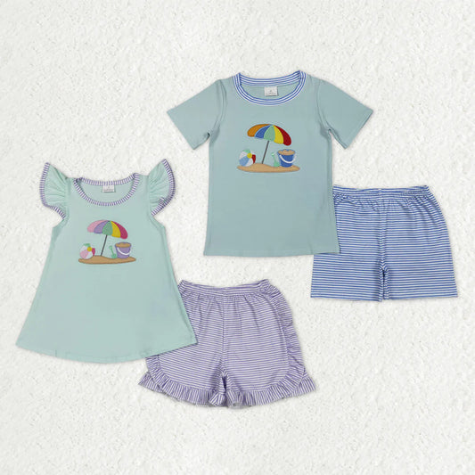 1.7 RTS Sibling Baby Boys Girls Embroidery Beach Top Stripe Shorts Clothes Sets