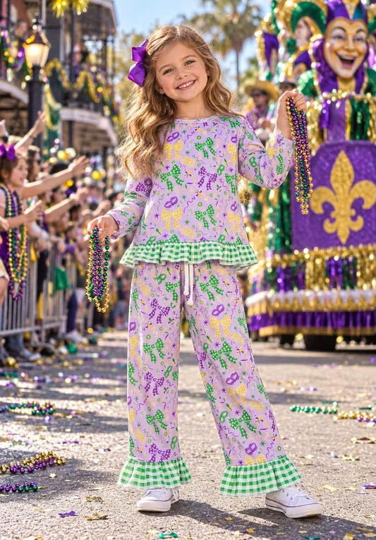 (Preorder new) No moq Baby Girls  Bow Print Crew Neck Sweatshirt Pants And Ruffle Hem Top Pants Outfit