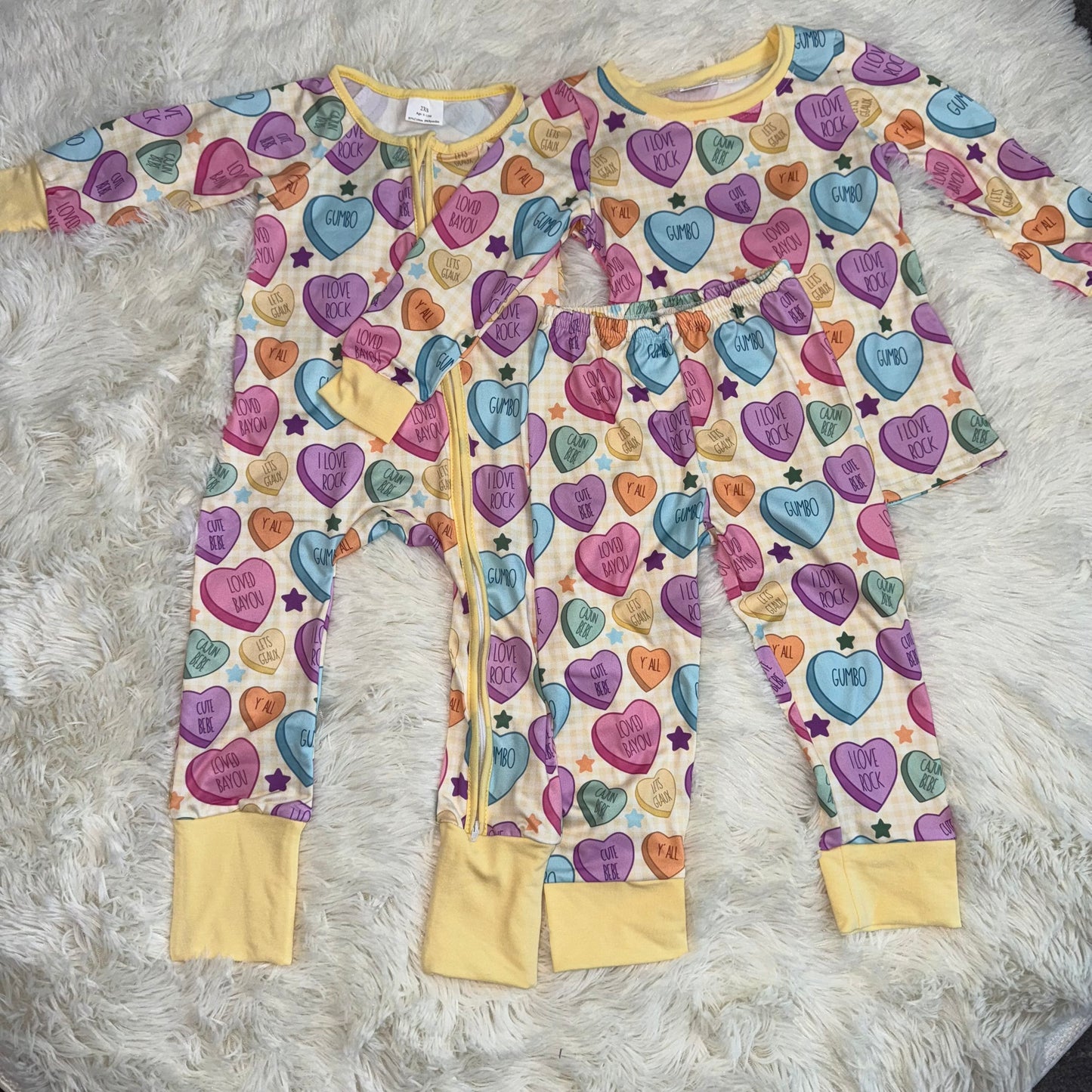 11.21 RTS Sibling Baby Girls Colorful Hearts Stars Pants Valentines Pajamas Sets Two Way Zip Convertible Rompers