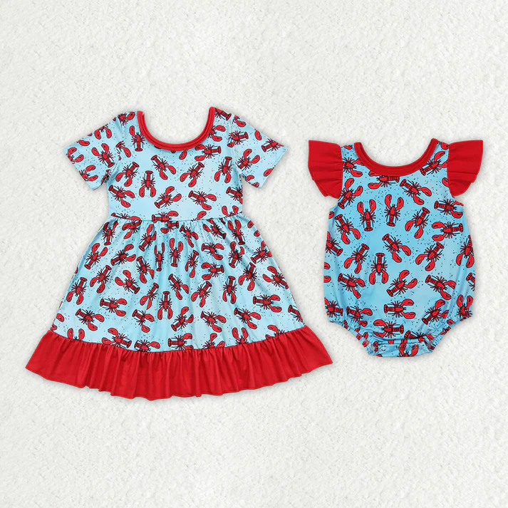 Baby Girls Red Crayfish Lake Blue Short Sleeve Dress Crawling Suit