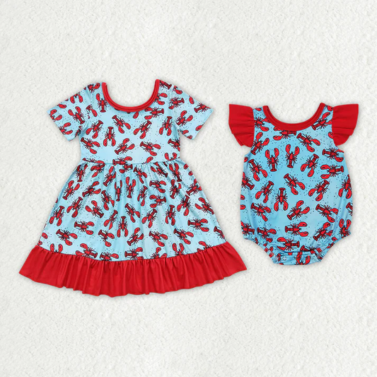 Baby Girls Red Crayfish Lake Blue Short Sleeve Dress Crawling Suit