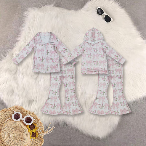 9.24 RTS Sibling Baby Girls Pink Bows Floral Hooded Yoga Pullover Bell Pants Clothes Sets