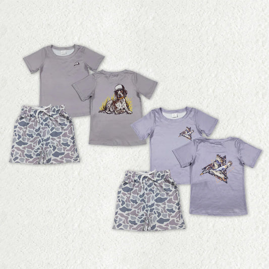 3.26 RTS Sibling Baby Boys Camo Dogs Ducks Shirts Top Pockets Short Hunting Clothes Set