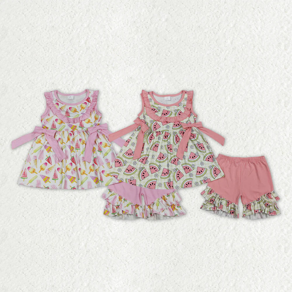 3.18 RTS Sibling Baby Girls Sleeveless Watermelons Flowers Tunic Ruffle Shorts Clothes Sets