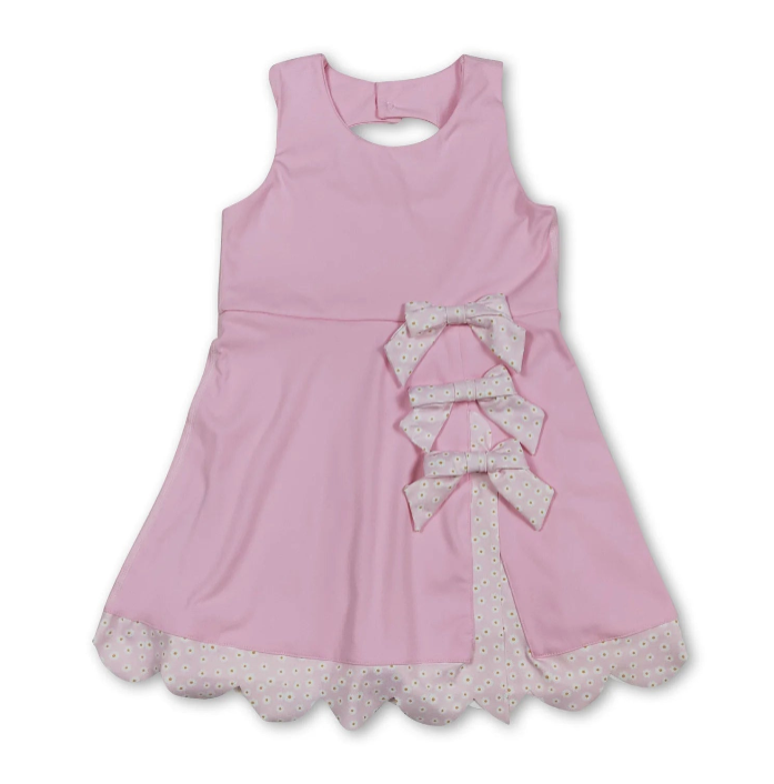 RTS NO MOQ Sibling yoga fabric Baby Girls Bow Scallop Trim Knee Length  Athletic Short Dress
