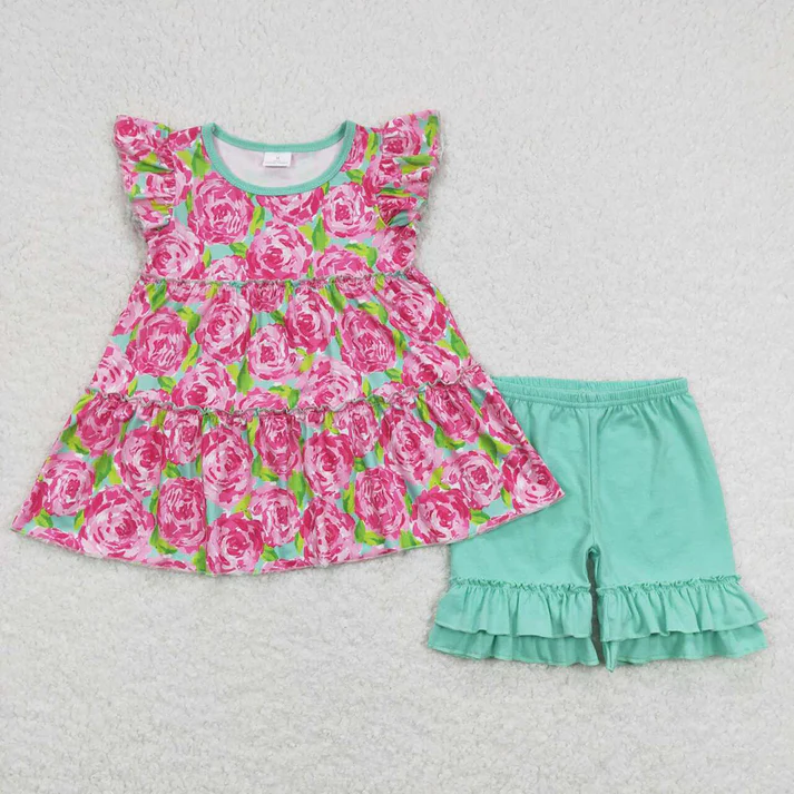 Baby Girls Colorful Floral Pattern Fly Sleeve Top Lace-up Shorts Set