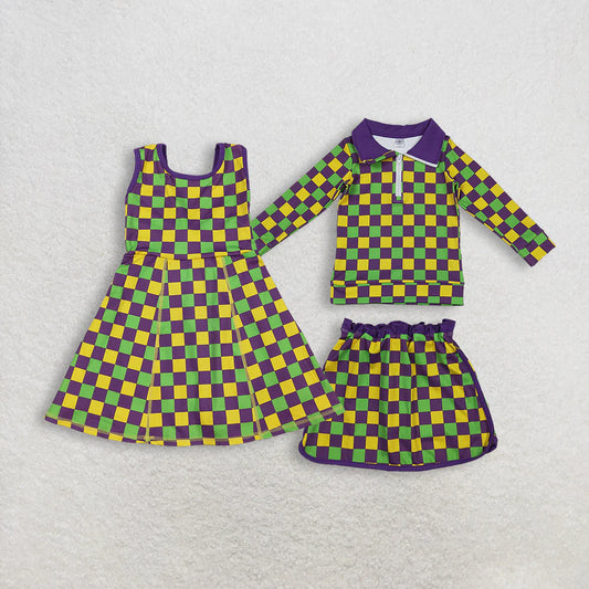12.16 RTS Sibling Baby Girls Mardigras Checked Yoga Active Shorts Knee Length Dress Skorts Clothes Sets