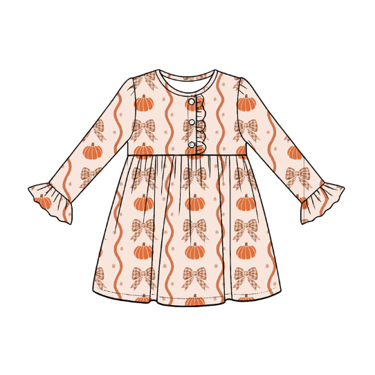 Pre order No Moq milk silk Baby Girls Pumpkins Bows Stripe Fall Button Top Ruffle Pants Set Dresses Romper
