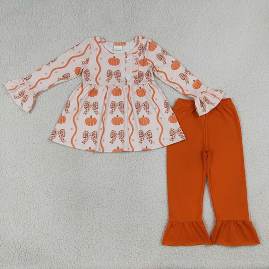 GLP3396 RTS NO MOQ （In stock Baby Girls Pumpkin Bow Button Tunic Long Sleeve Ruffle Pants Halloween Clothes Sets