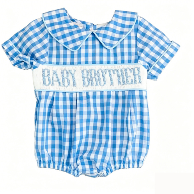 SR4231 Pre order No Moq Baby Smocked Blue Check Short Sleeve Rompers