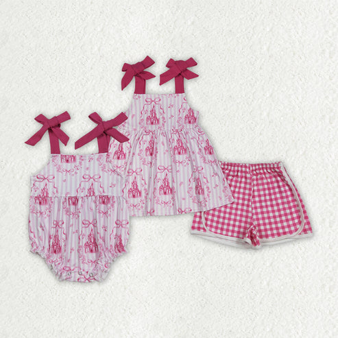 9.23 RTS Sibling Baby Girls Pink Straps Castles Bows Checked Shorts Clothes Sets Romper