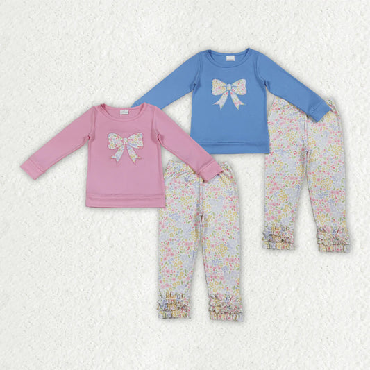 1.15 RTS Sibling Baby Girls Embroidery Floral Bows Top Ruffle Pant Clothes Sets