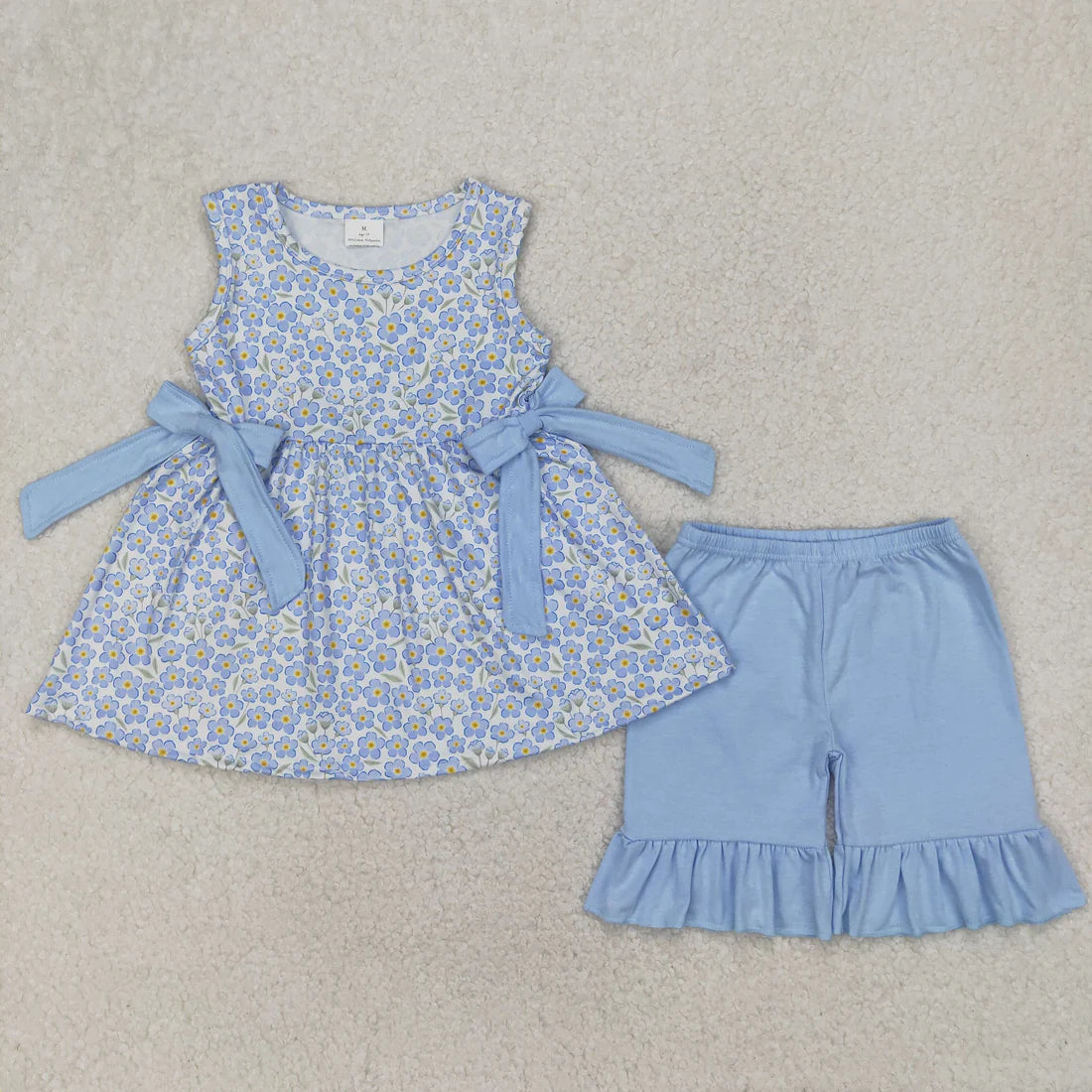 11.10 RTS Sibling Baby Girls Blue Flowers Bows Tunic Ruffle Shorts Clothes Sets Rompers
