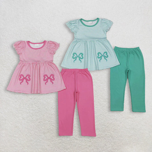 12.4 RTS Sibling Baby Girls Embroidery Bows Stripe Tunic Legging Pants Clothes Sets