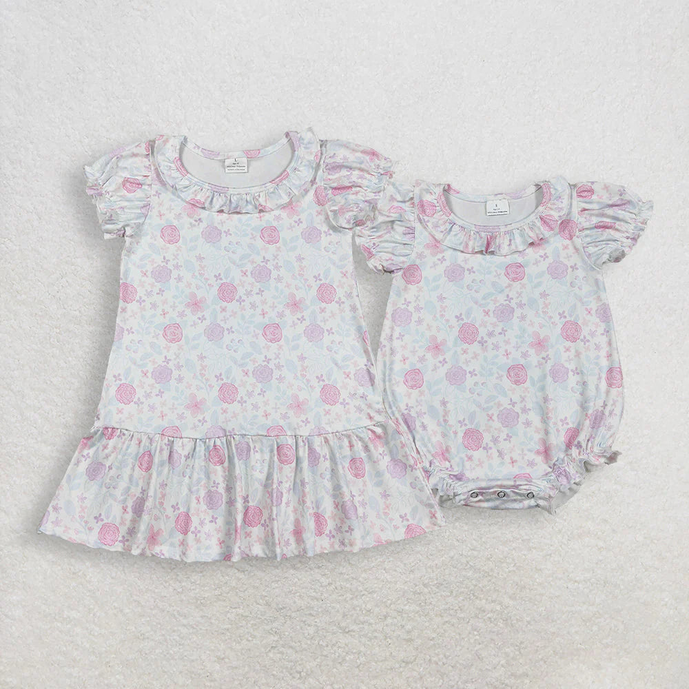 3.20 RTS Sibling Baby Girls Short Ruffle Sleeve Colorful Flowers Knee Length Dress Rompers