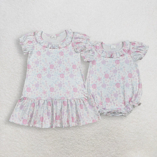 3.20 RTS Sibling Baby Girls Short Ruffle Sleeve Colorful Flowers Knee Length Dress Rompers