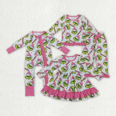 9.23 RTS Sibling Baby Girls Green Faces Dramatic Christmas Zipper Footie Rompers Pajamas Sets