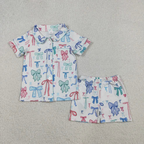 11.8 RTS Silbing Mama and Me Colorful Bows Pocket Button Top Shorts Pajamas Sets