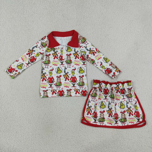 GLD1608 RTS NO MOQ （In stock）Green face gift pullover skirt girls Christmas outfit