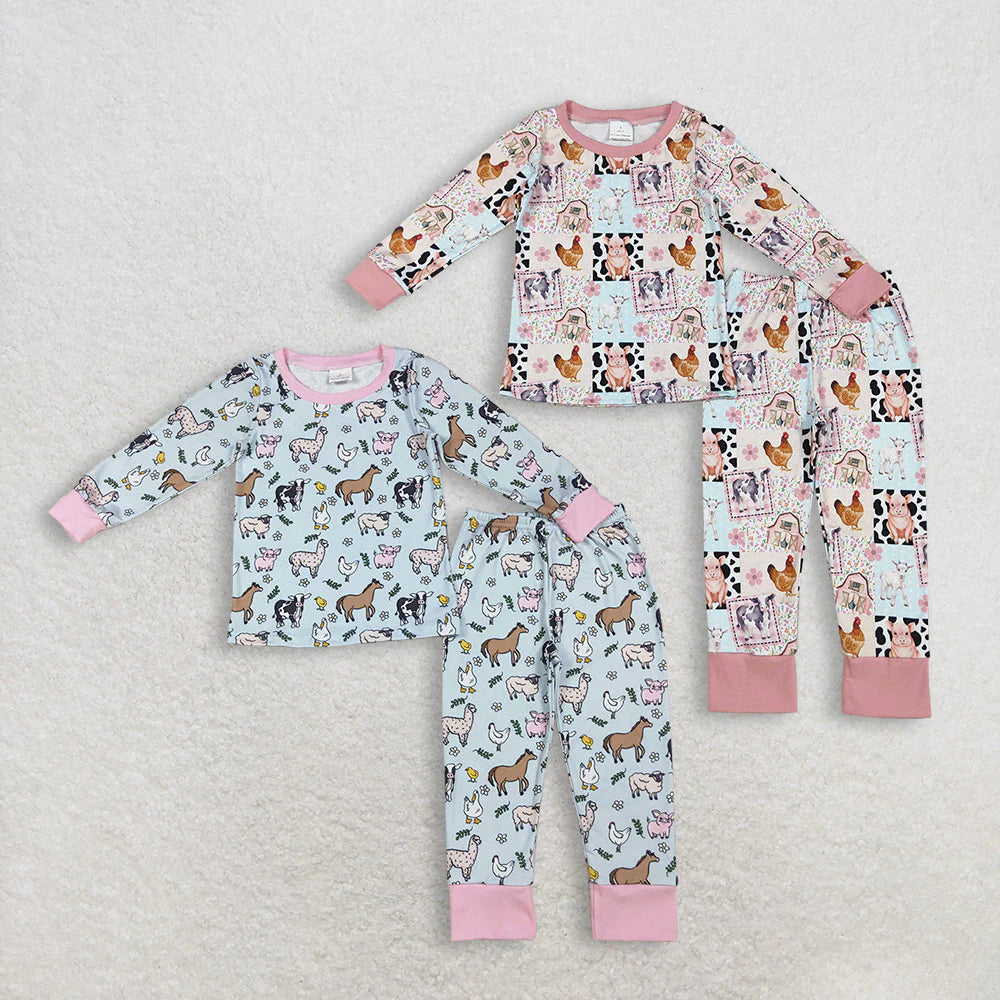12.6 RTS Sibling Baby Girls Cows Chicks Top Pants Farm Pajamas Sets