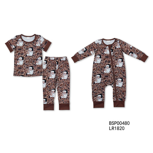 BSPO0480+LR1820 Baby Boy Christmas Camouflage Santa Claus Bamboo Pajama Set and Long Zip-Up Romper