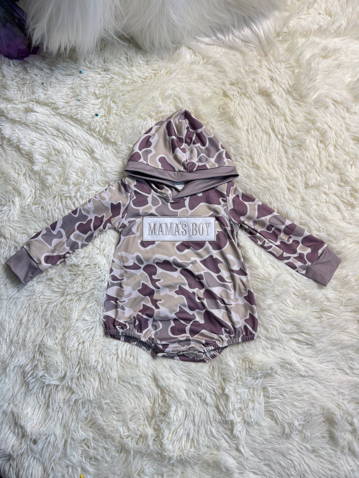 12.8 RST LR2792 Embroidery Mama's Boy Baby Boys Grey Camo Hoodie Rompers