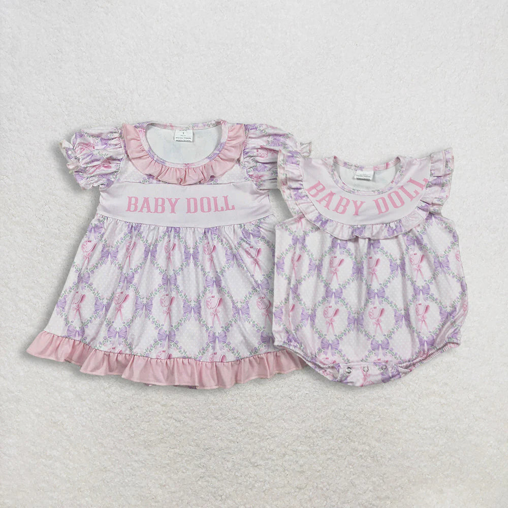 11.18 RTS Sibling Baby Girls Baby Doll Flowers Bows Checked Collar Tunic Ruffle Rompers