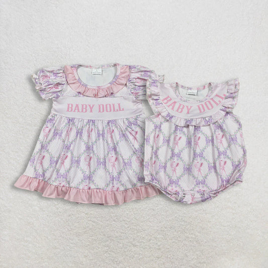 11.18 RTS Sibling Baby Girls Baby Doll Flowers Bows Checked Collar Tunic Ruffle Rompers