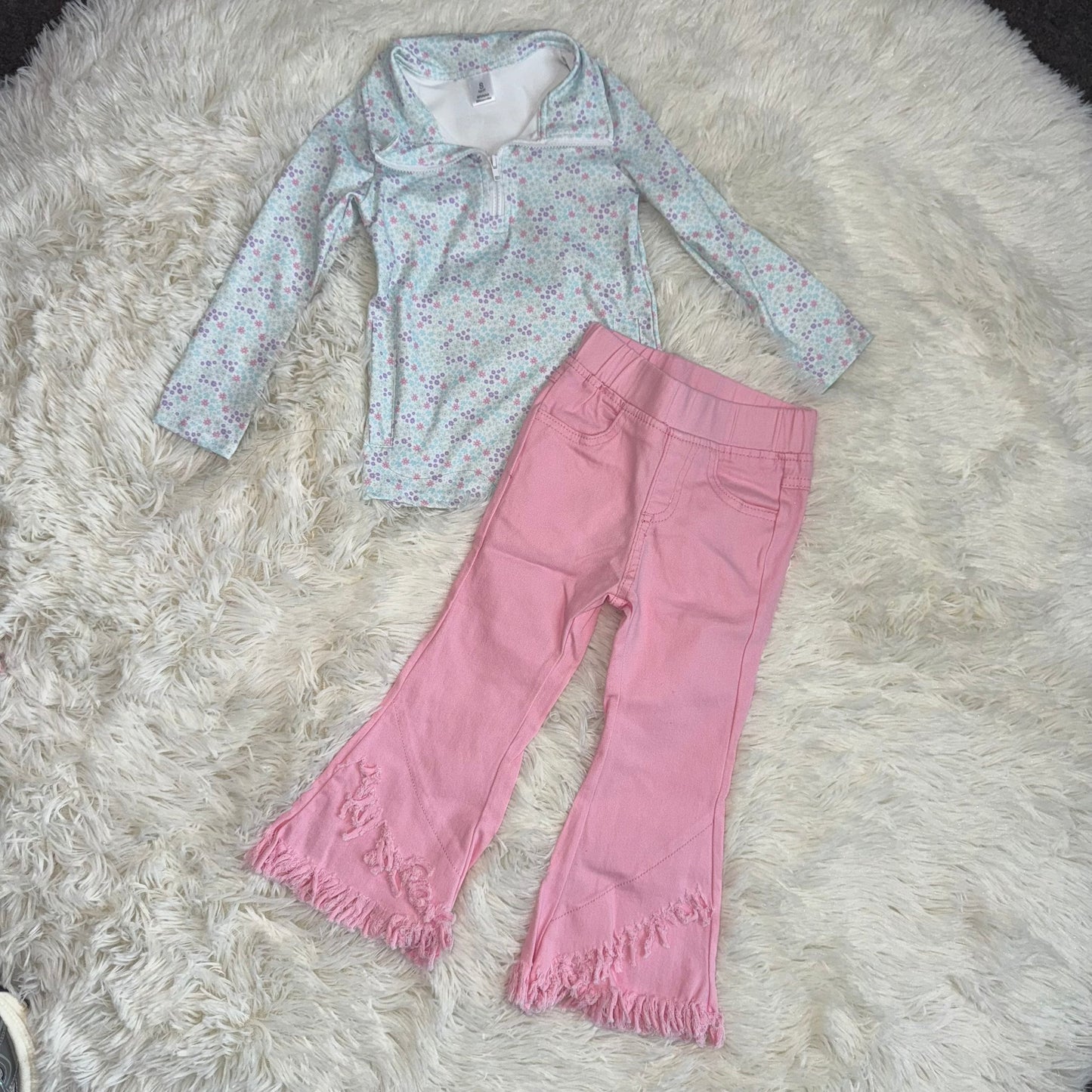 11.13 RST Sibling Baby Girls Flowers Bows Pockets Zipper Yoga Active Pullovers Top  Pink  Jeans Sets