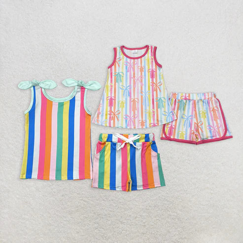 11.8 RTS Sibling Baby Girls Sleeveless Colorful Stripe Bows Top Shorts Sets