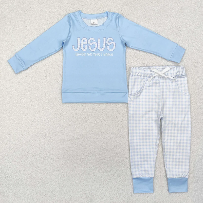 RTS NO MOQ （In stock）BLP0767 Jesus letter light blue long-sleeved striped trousers set