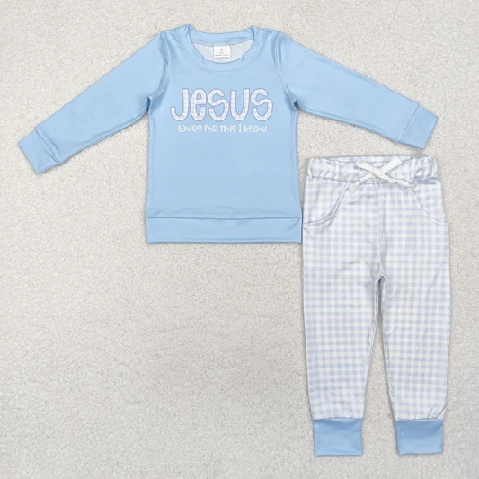 RTS NO MOQ （In stock）BLP0767 Jesus letter light blue long-sleeved striped trousers set