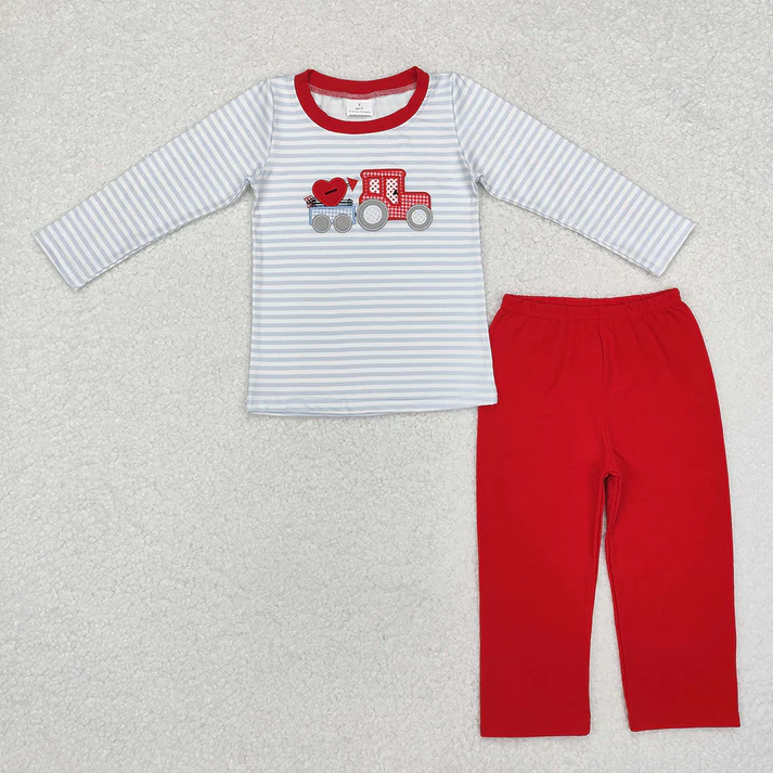 Baby Girls and Boys Embroidered Valentine's Day Hearts Light Blue Striped Mixed Set