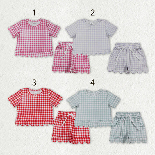 3.20 RTS Sibling Baby Girls Colorful Checked Scallop Shirts Top Pockets Short Pajamas Clothes Sets