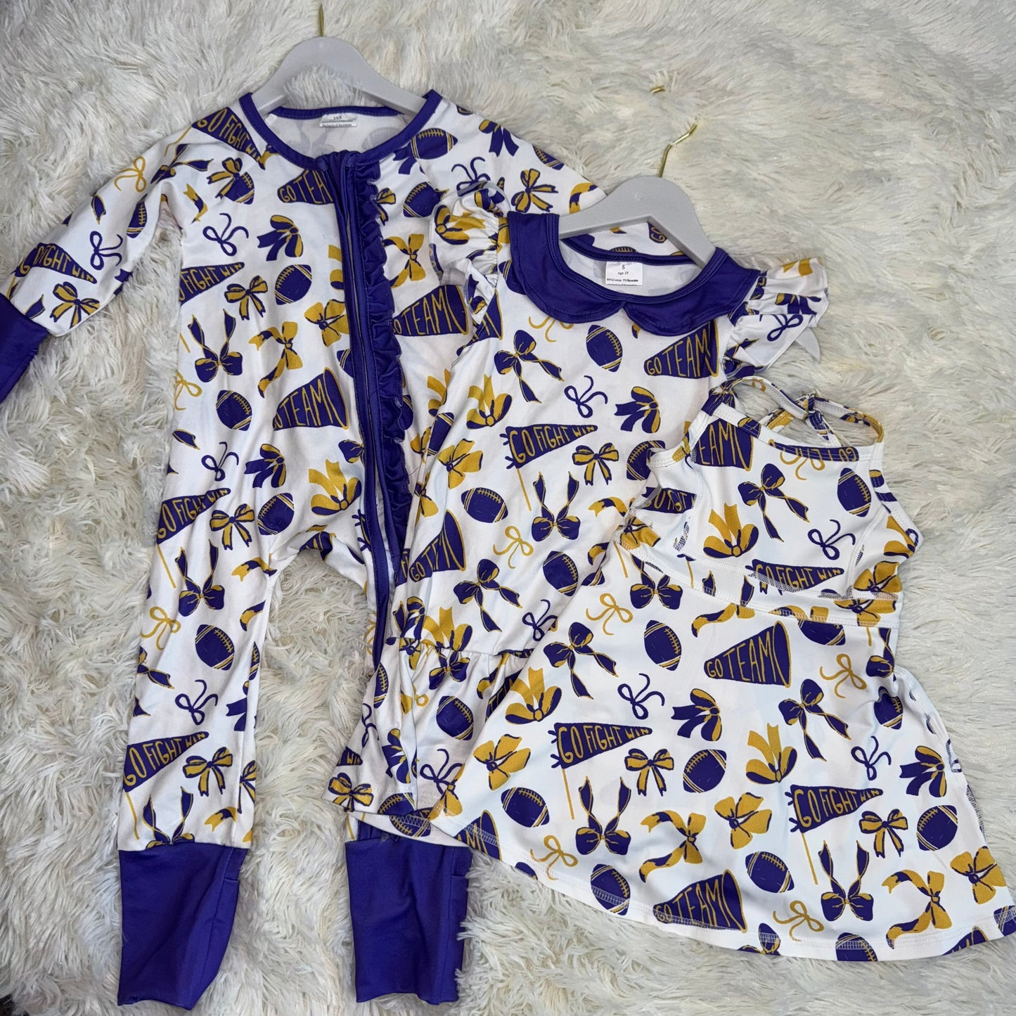 11.15 RST Sibling Baby Girls Purple Bows Footballs Go Team Ruffle Zipper Romper Knee Length Dresses