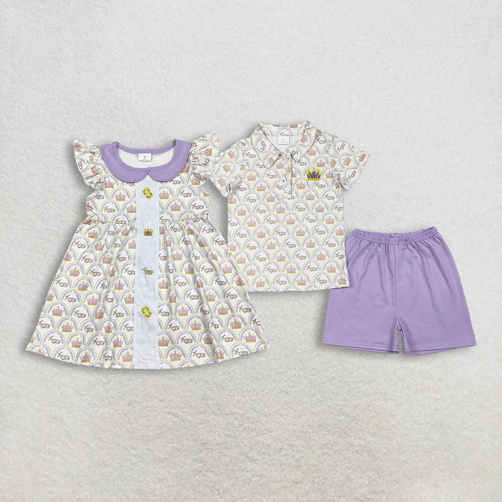 1.7 RTS Sibling Baby Boys Girls Mardigras Embroidery Crown Polo Shorts Set Knee Length Dresses