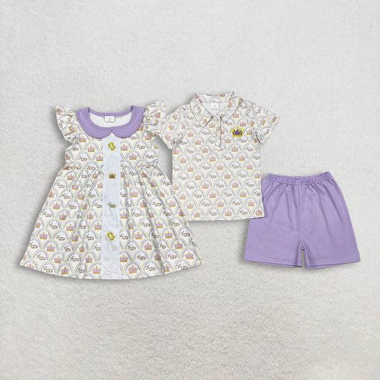 1.7 RTS Sibling Baby Boys Girls Mardigras Embroidery Crown Polo Shorts Set Knee Length Dresses