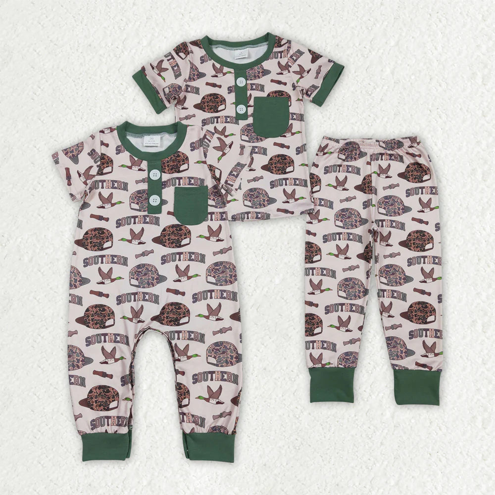 12.23 RTS Sibling Baby Boys Camo Hats Ducks Top Pants Southern Pajamas Set Zipper Rompers