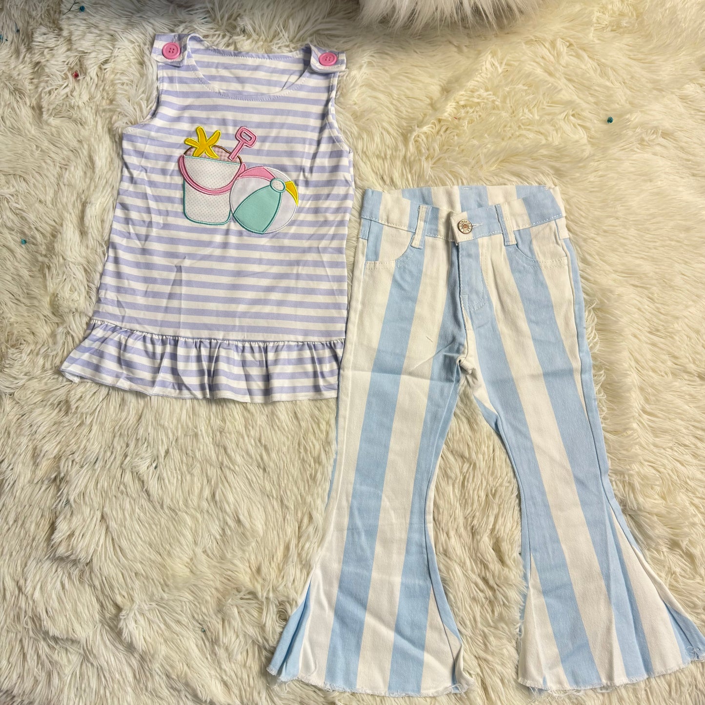 12.29 RST GT0568 + P0469 Baby Girls Beach Wear Sleeveless Stripes Tunic Tops Blue Stripes Bell Flare Denim Pants