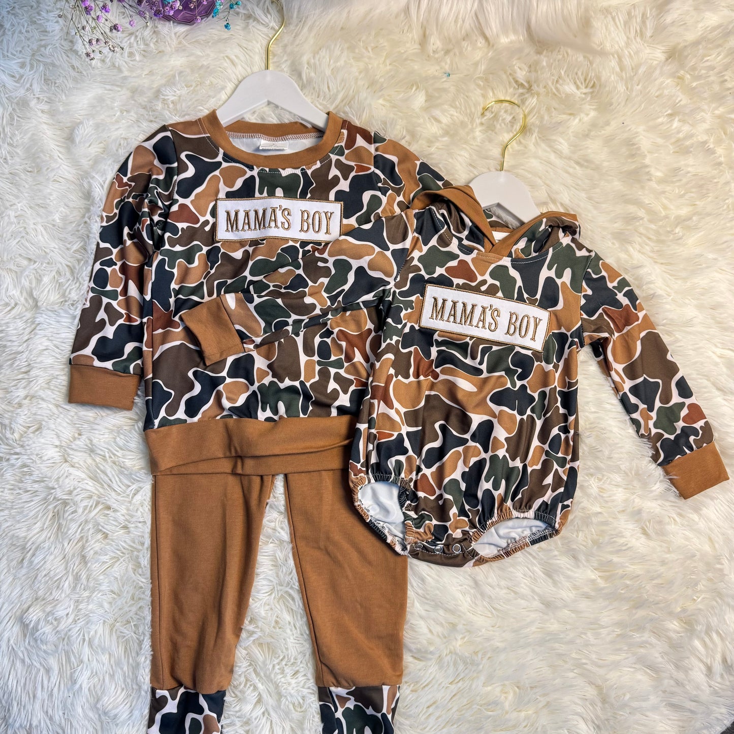 12.1 RTS Sibling Baby Boys Embroidery Mama's Boy Brown Camo Pockets Pants Clothes Sets Hoodie Romper