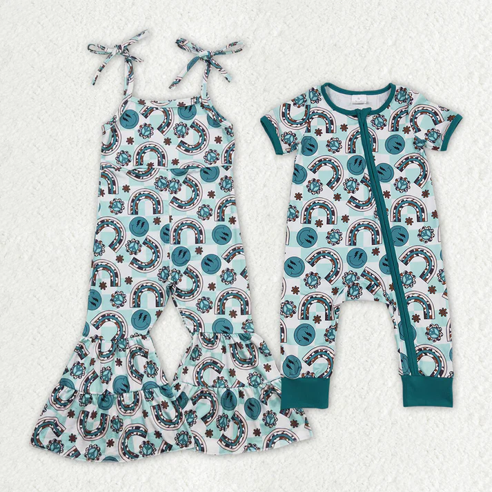 Baby kids green smiley face U-shaped plaid overalls-short-sleeved zipper romper