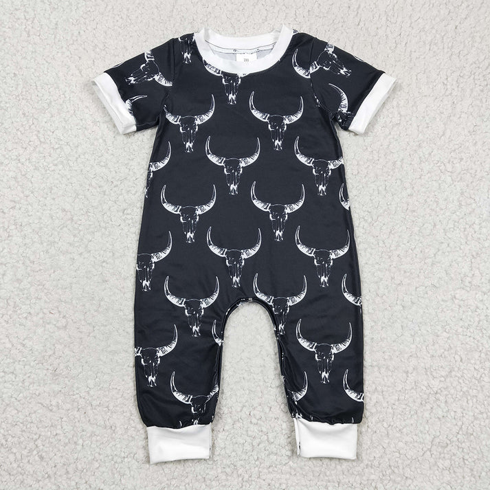 Baby Boys Western Cowboy Hat - Bull Head Pattern Short Sleeve Long Romper