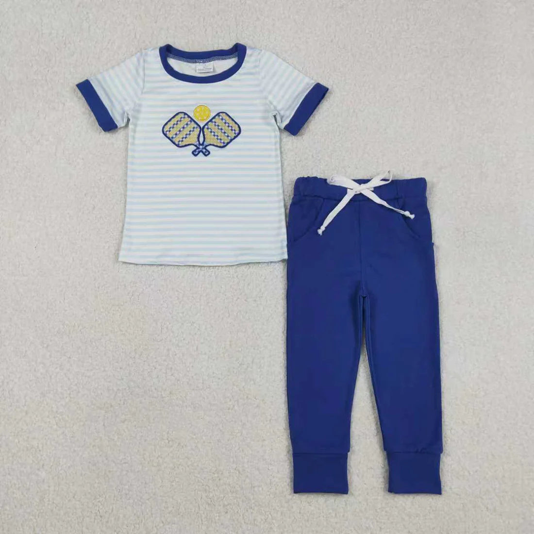 11.28 RTS Sibling Baby Boys Blue Stripe Embroidery Tennis Pants Team Clothes Set Footie Rompers
