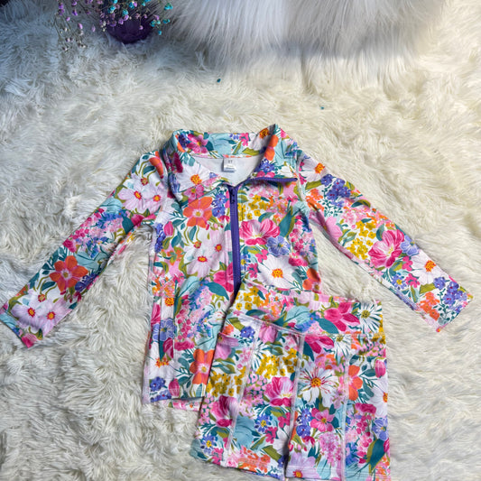 12.2 RST Baby Girls Long Sleeves Pink Lavender Floral Pockets Zipper Yoga Jackets Short Bottoms